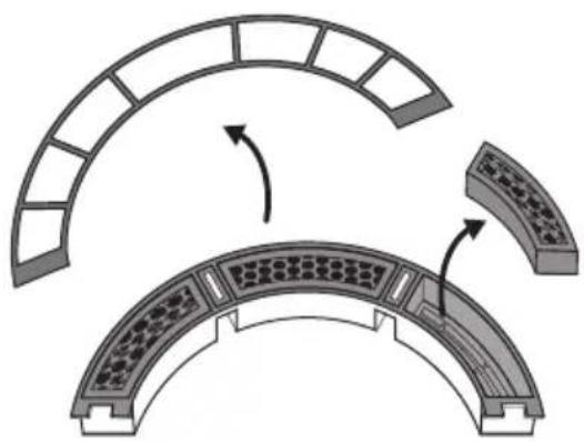 Diagram of a curved architectural structure with internal components, showing structural deformation (no text or symbols)