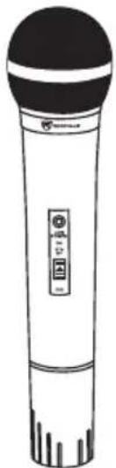 Line drawing of a handheld microphone with black top and white body (no text or symbols)