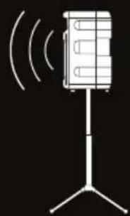 Simple line drawing of a mobile phone mounted on a stand with sound waves (no text or symbols)