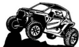 Silhouette of a black-and-white off-road vehicle with exposed tires and wheels, casting a shadow on the ground (no text or symbols)