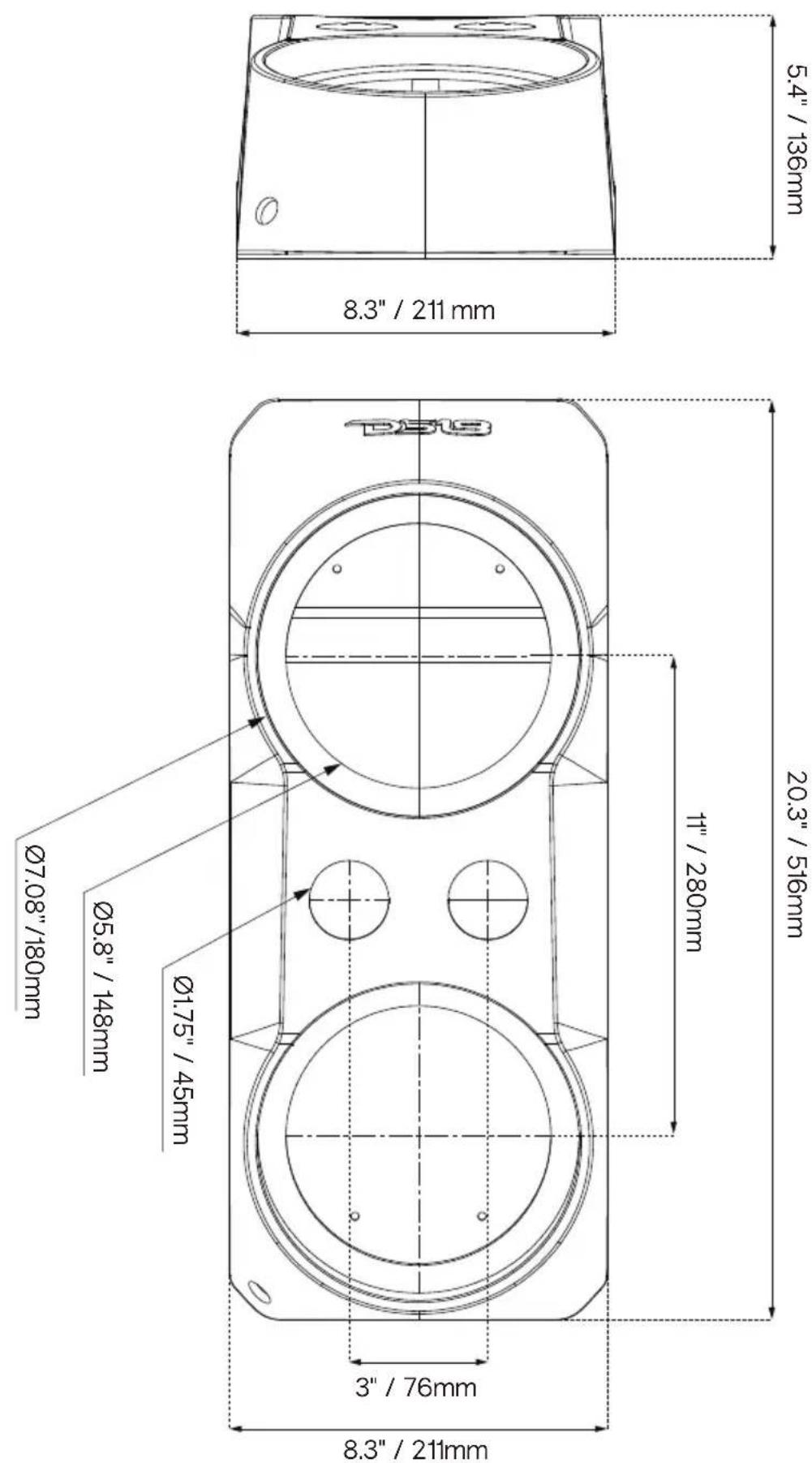 5.4" / 136mm 8.3" / 211 mm Ø7.08"/180mm Ø5.8" / 148mm Ø1.75" / 45mm 3" / 76mm 8.3" / 211mm 11" / 280mm 20.3" / 516mm