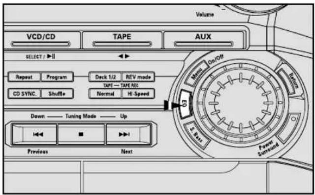 Volume, VCD/CD, TAPE, AUX, SELECT / ▶, Repeat, Program, Deck 1/2, REV mode, TAPE — TAPE REC, CD SYNC., Shuffle, Normal, Hi-Speed, Down — Tuning Mode — Up, Previous, Next, Power, Sanskund, Main, On/Off, Return