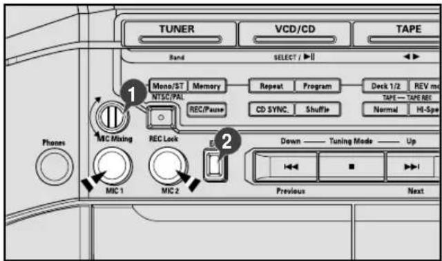 TUNER, VCD/CD, TAPE, Band, SELECT / ▶, Mono/ST, Memory, NTSC/PAL, REC/Pause, Repeat, Program, Deck 1/2, REV mode, TAPE — TAPE REC, CD SYNC., Shuffle, Normal, Hi-Speed, 1, 2, MC Mixing, REC Lock, MIC 1, MIC 2, Down — Tuning Mode — Up, Previous, Next