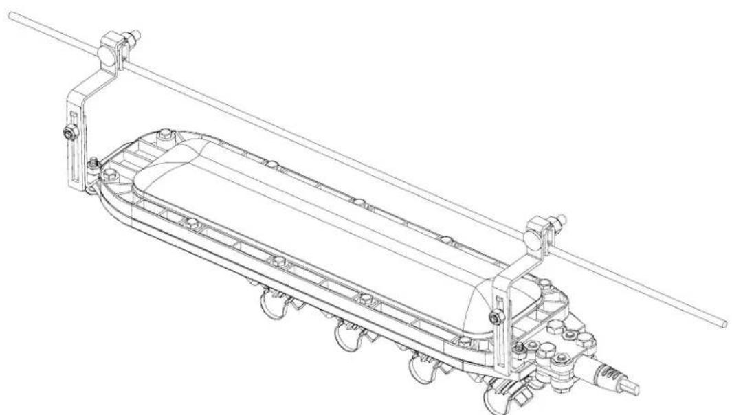 Technical line drawing of a mechanical assembly with rollers and connecting rods (no text or symbols)