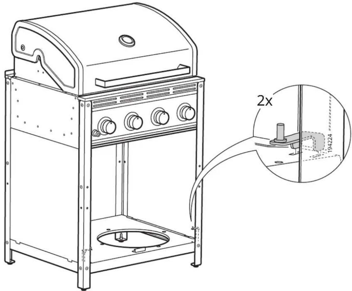 Dessin technique d'un réchaud à gaz portable avec panneau de commande et base de montage, montrant les composants internes et un encart agrandi (sans texte ni symboles).