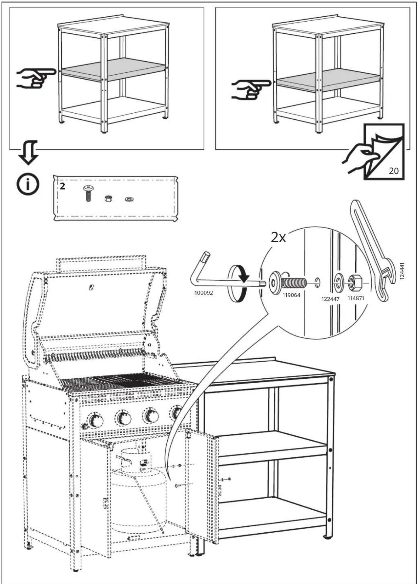 Schéma technique montrant les étapes d'assemblage d'une cuisinière à gaz avec composants étiquetés et dimensions.