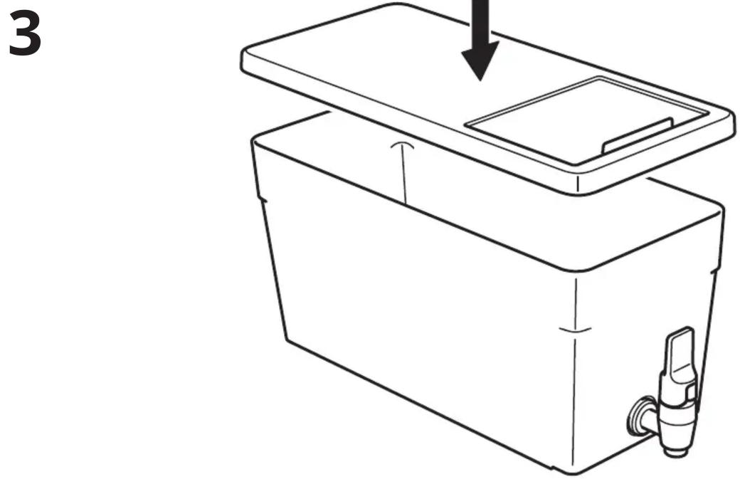 Line drawing of a container with an open lid and a valve, showing internal structure and a downward arrow (no text or symbols)