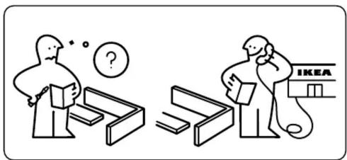 Illustration showing two scenes: one with a person thinking and holding a book, the other with a person looking at a book labeled 'IKEA' (i.e., IKEA).