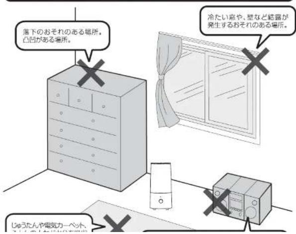 落下のおそれのある場所。 凸凹がある場所。 冷たい意や、壁など結露が発生するおそれのある場所。 じゅうたんや電気カーペット。