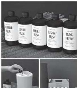 Product photo showing various white mushroom products with visible labels and a hand placing a coin into a container.