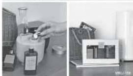 Two-panel image showing laboratory glassware and equipment: left panel with a hand holding a small object, right panel with a close-up of a labeled container (no visible text or symbols)