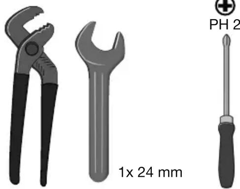 Illustration of three different wrenches and a screwdriver with a 1x24 mm measurement label (no text beyond labels)