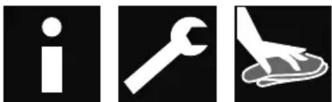 Three black-and-white icons: a lowercase 'i', a wrench, and a hand cleaning a surface (no text or symbols)