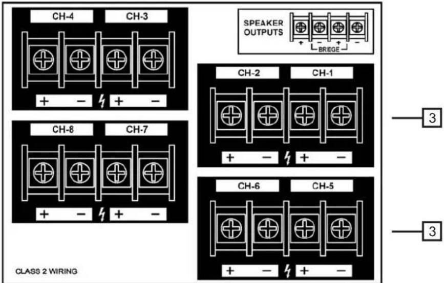 CH-4 CH-3 + - + - SPEAKER OUTPUTS + - BRIEGE CH-2 CH-1 + - + - 3 CH-8 CH-7 + - + - CLASS 2 WIRING CH-6 CH-5 + - + -