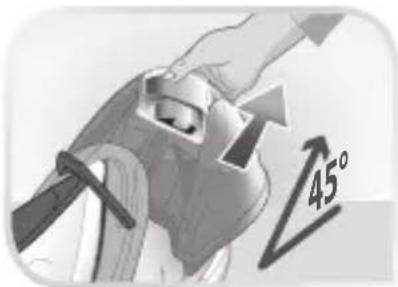 Illustration of a hand holding a tool with an arrow and a 45° angle indicator (no text or symbols on the diagram itself)