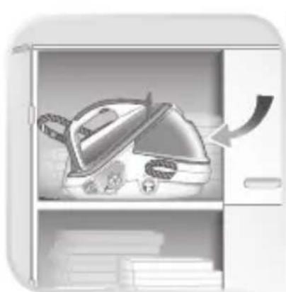 Illustration of a steam iron inside a cabinet with an arrow indicating airflow (no text or symbols)