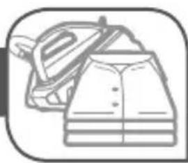 Line drawing of a pair of clothes: a steam iron and a jacket (no text or symbols)