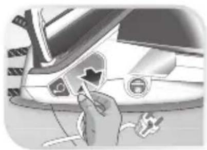 Illustration of a hand inserting a plug into a car's side panel (no text or symbols visible)