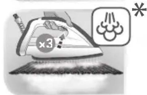 Illustration of a hand using an iron on a textured surface with a rocket icon and a '×3' label (no text or symbols beyond icons)