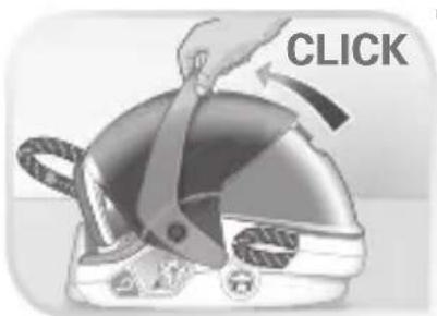 Illustration of a hand using a tool to lift a helmet, no text or symbols present