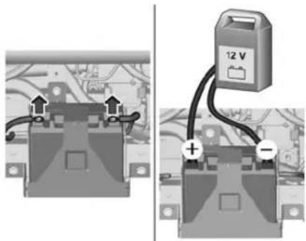 Diagram showing two electrical components with labeled terminals and a 12V battery connected to a positive terminal.