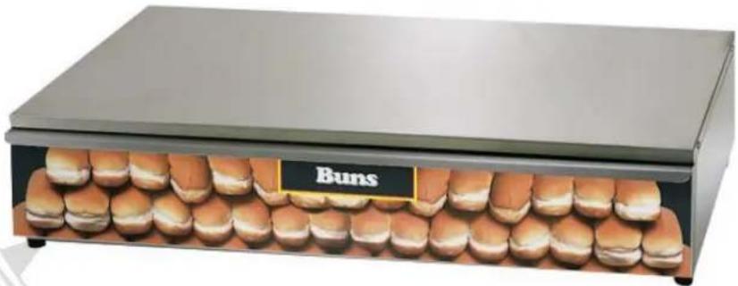 Exterior view of a modern bunsen griddle oven with multiple buns in the foreground (no signage or text visible)