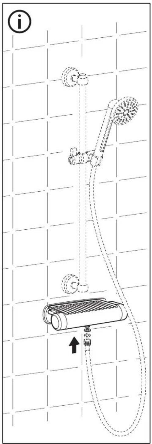 Schéma d'un système de pompe de douche avec composants étiquetés et flèche directionnelle, montrant les chemins d'écoulement du fluide et l'emplacement des composants.