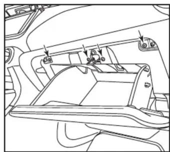 Technical line drawing of a car interior showing structural components and mounting points (no text or symbols)