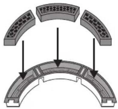Diagram of a curved structural component with three top views and directional arrows indicating assembly or force (no text or symbols)