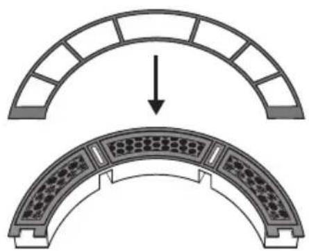 Diagram showing a curved structural component with an arrow indicating downward motion, no text or symbols present.