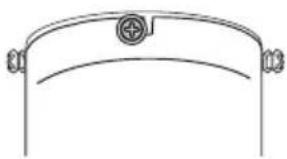 Simple line drawing of a curved object with a circular emblem on top, flanked by two protruding pins (no text or symbols)