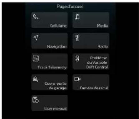 Page d'accueil Cellulaire Media Navigation Radio Track Telemetry Prôblème du Variable Drift Control Ouvre-porte de garage Caméra de recul User manual