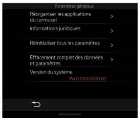 Paramètres généraux Réorganiser les applications du carrousel > Informations juridiques > Réinitialiser tous les paramètres > Effacement complet des données et paramètres > Version du système SW 0.000.0000.00