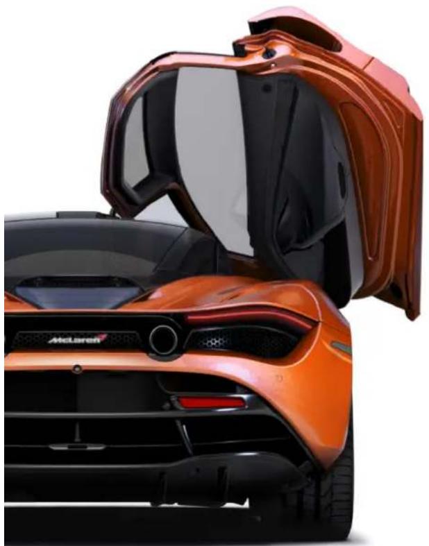Side profile of a McLaren sports car showing front and rear views with open hood (no visible text or symbols)