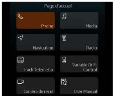 Page d'accueil Phone Media Navigation Radio Track Telemetry Variable Drift Control Caméra de recul User Manual