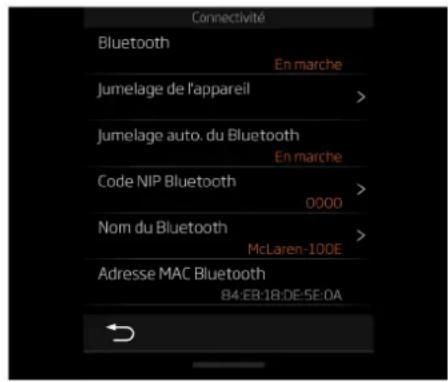 Connectivité Bluetooth En marche Jumelage de l'appareil Jumelage auto. du Bluetooth En marche Code NIP Bluetooth 0000 Nom du Bluetooth McLaren-100E Adresse MAC Bluetooth 84:EB:18:DE:5E:0A
