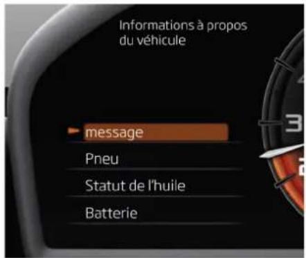Informations à propos du véhicule message Pneu Statut de l'huile Batterie