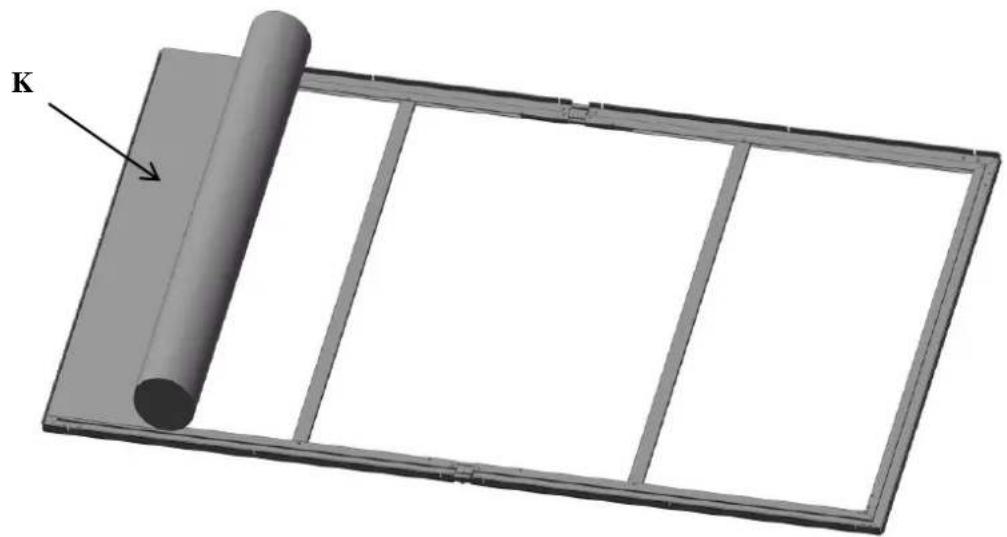 3D rendering of a cylindrical object with a labeled arrow pointing to it, placed on a rectangular frame (no text or symbols beyond the label 'K')
