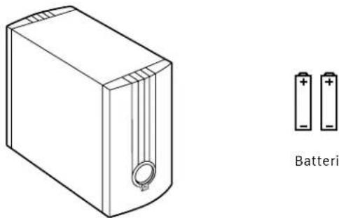 Line drawing of a battery casing with two batteries shown below (no text or symbols on the main diagram)