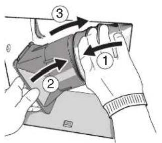 Diagram showing a hand holding a device with numbered arrows indicating process steps or components, labeled 1 to 3.