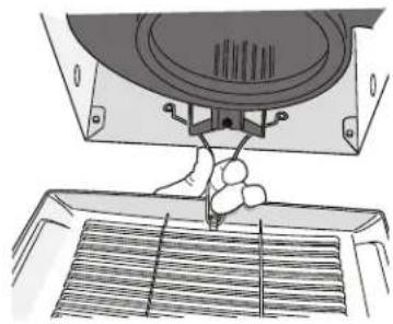 Line drawing of a hand using a tool to lift or press down a rack (no text or symbols)