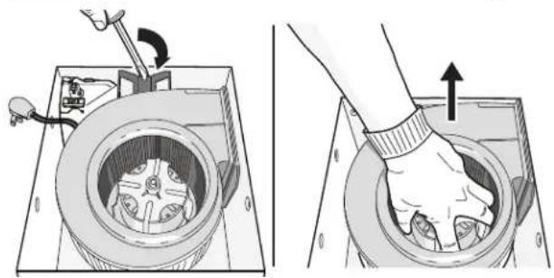 Two-step diagram showing a hand operating a mechanical device with a valve and fan inside a housing (no text or symbols)
