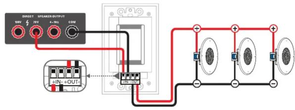 DIRECT SPEAKER OUTPUT MW 70V +16L 50V +IN -OUT +