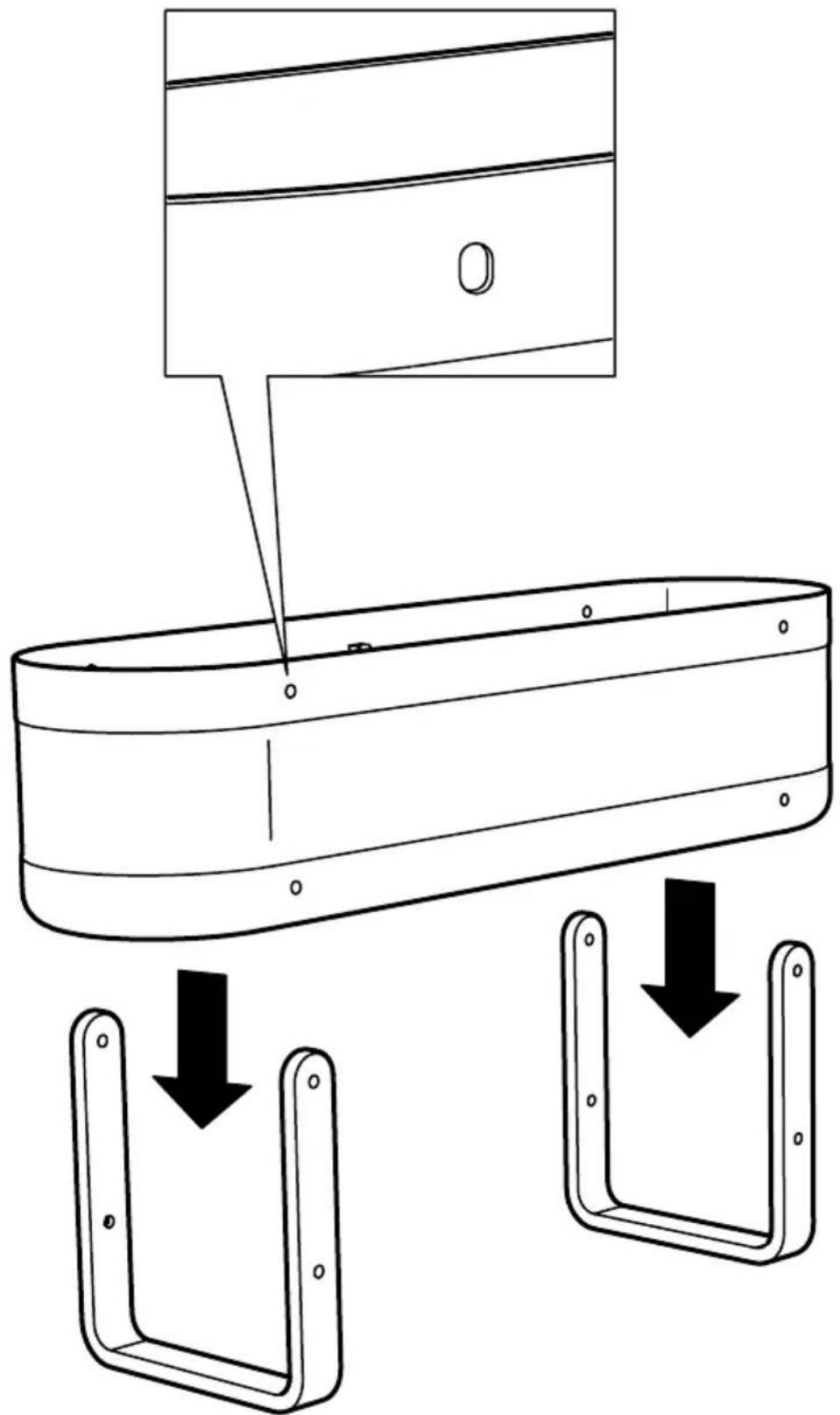 Schéma technique montrant un assemblage mécanique avec des flèches vers le bas indiquant les étapes du processus, incluant un composant étiqueté 'O' et deux pièces séparées.