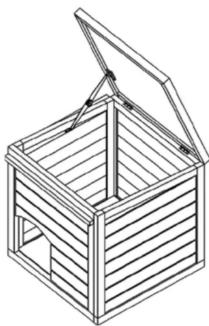Isometric line drawing of a wooden box with open lid and internal compartments (no text or symbols)
