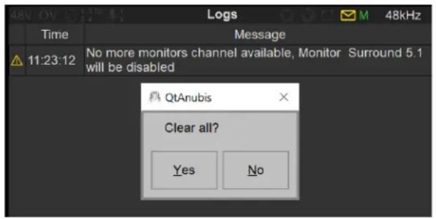 48V OV Time Message 11:23:12 No more monitors channel available, Monitor Surround 5.1 will be disabled QtAnubis Clear all? Yes No