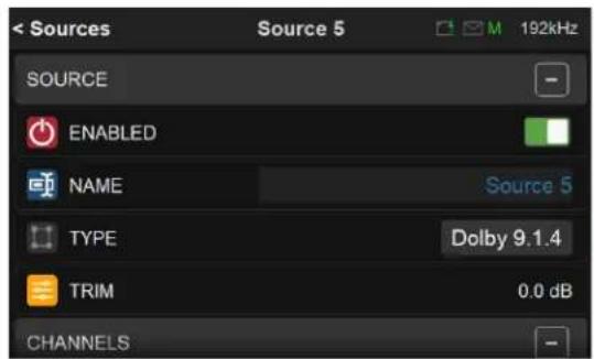 Source SOURCE ENABLED NAME Source 5 TYPE Dolby 9.1.4 TRIM 0.0 dB CHANNELS