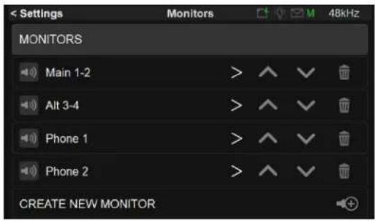 Settings MONITORS Main 1-2 Alt 3-4 Phone 1 Phone 2 CREATE NEW MONITOR