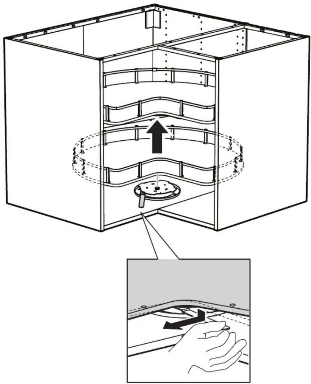 Schéma technique d'un assemblage mécanique avec canaux internes et une vue agrandie montrant le positionnement de la main (sans texte ni symboles).