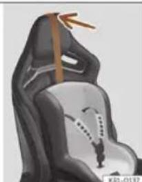 Close-up of a car seat with a wooden arrow pointing to the side (no visible text or symbols)